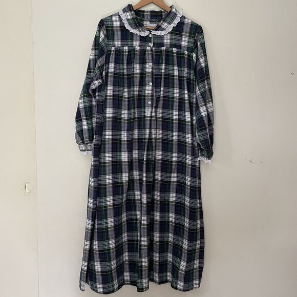 Lanz of Salzburg XL Flannel Nightgown Blue Tartan Plaid Lace Holiday Vintage - Picture 1 of 12